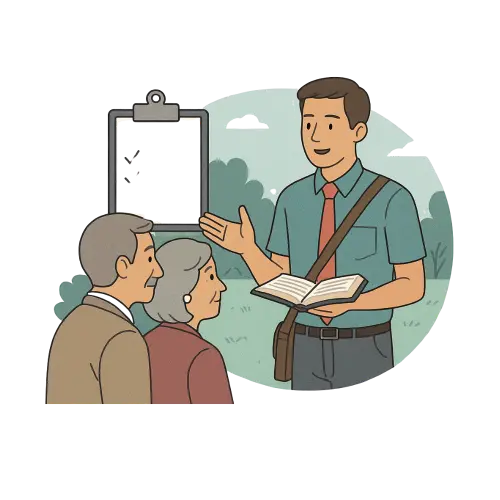 Ilustración de la predicación puerta a puerta con publicaciones de la organización