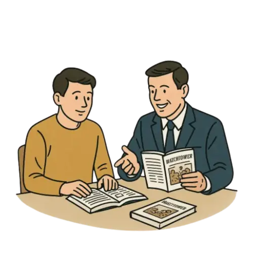Ilustración de dos personas conversando con una Biblia abierta sobre la mesa