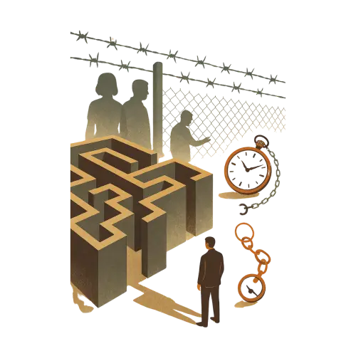 Ilustración de una persona ante una puerta de salida